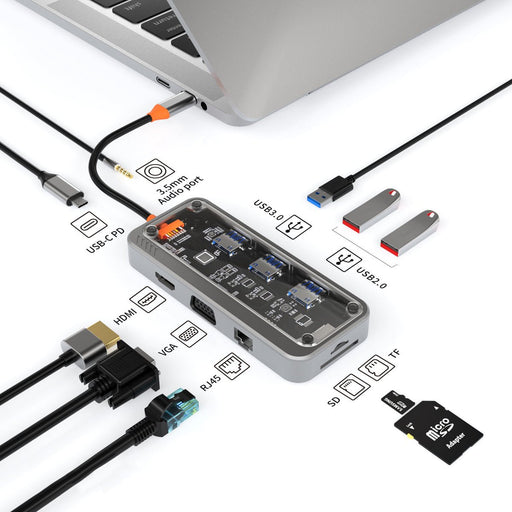 Basix USB C Hub - 10-in-1 Type-C with PD HDMI, USB 3.0, USB 2.0, SD, TF, RJ45, VGA, AUDIO 3.5mm - Ultimate Connectivity Solution for Laptops and Devices - Shopsta EU