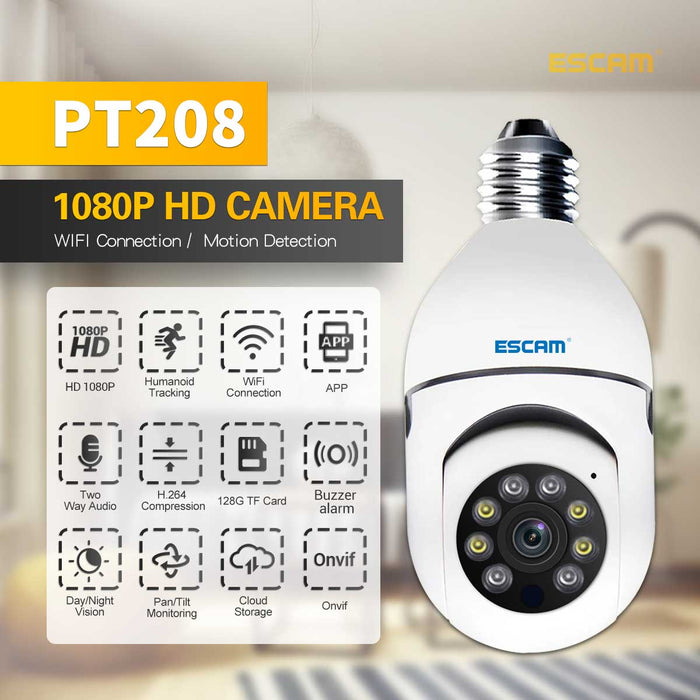 ESCAM PT208 E27 - 1080P WIFI Humanoid Tracking Camera with ONVIF, Two-Way Audio, Dual Light Night Vision - Ideal for Home Security and Surveillance - Shopsta EU