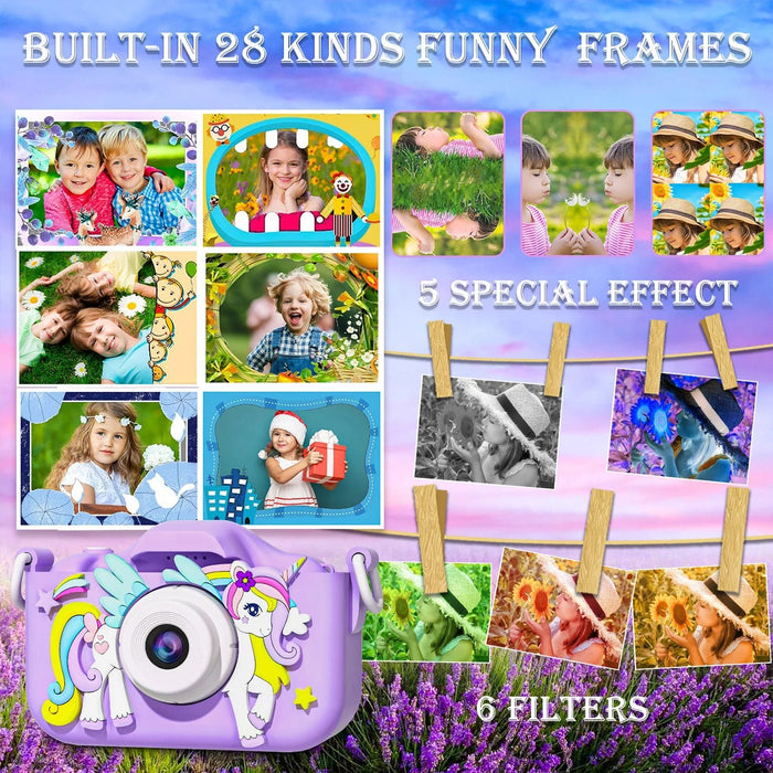 Kids Mini Camera Cartoon Unicorn Toys for Girls Boys Birthday Gifts 1080P HD 2inch Screen With 32G SD Card Record Life Camera - Shopsta EU